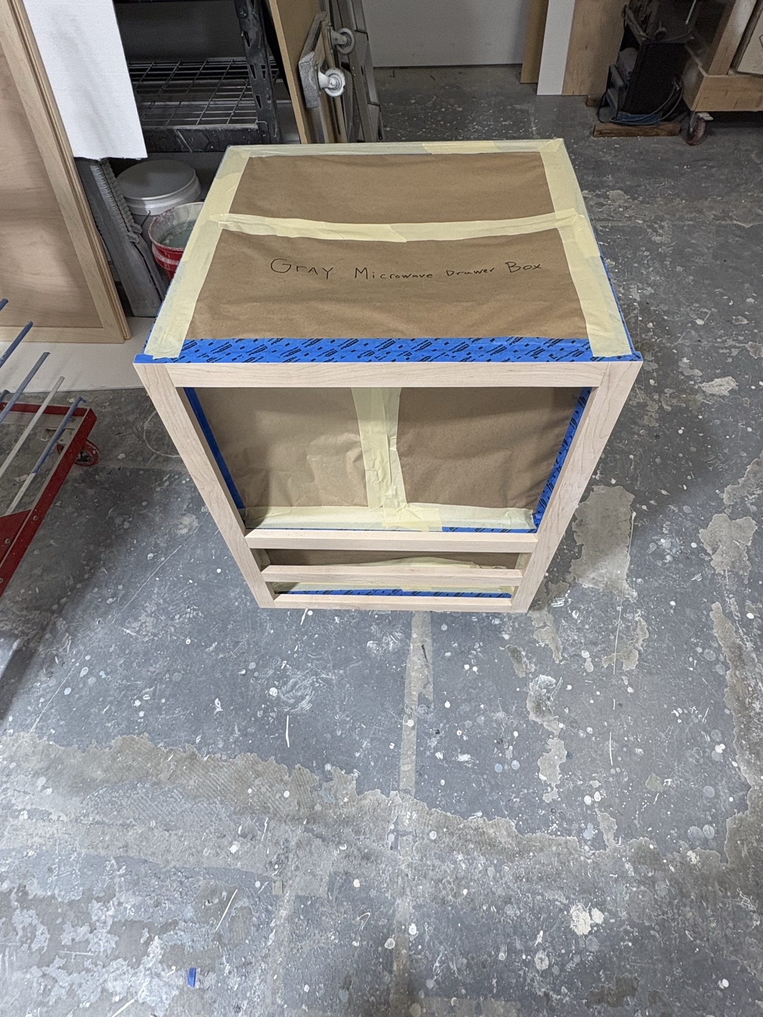 New island base cabinet being built in the Cabinet Renew shop