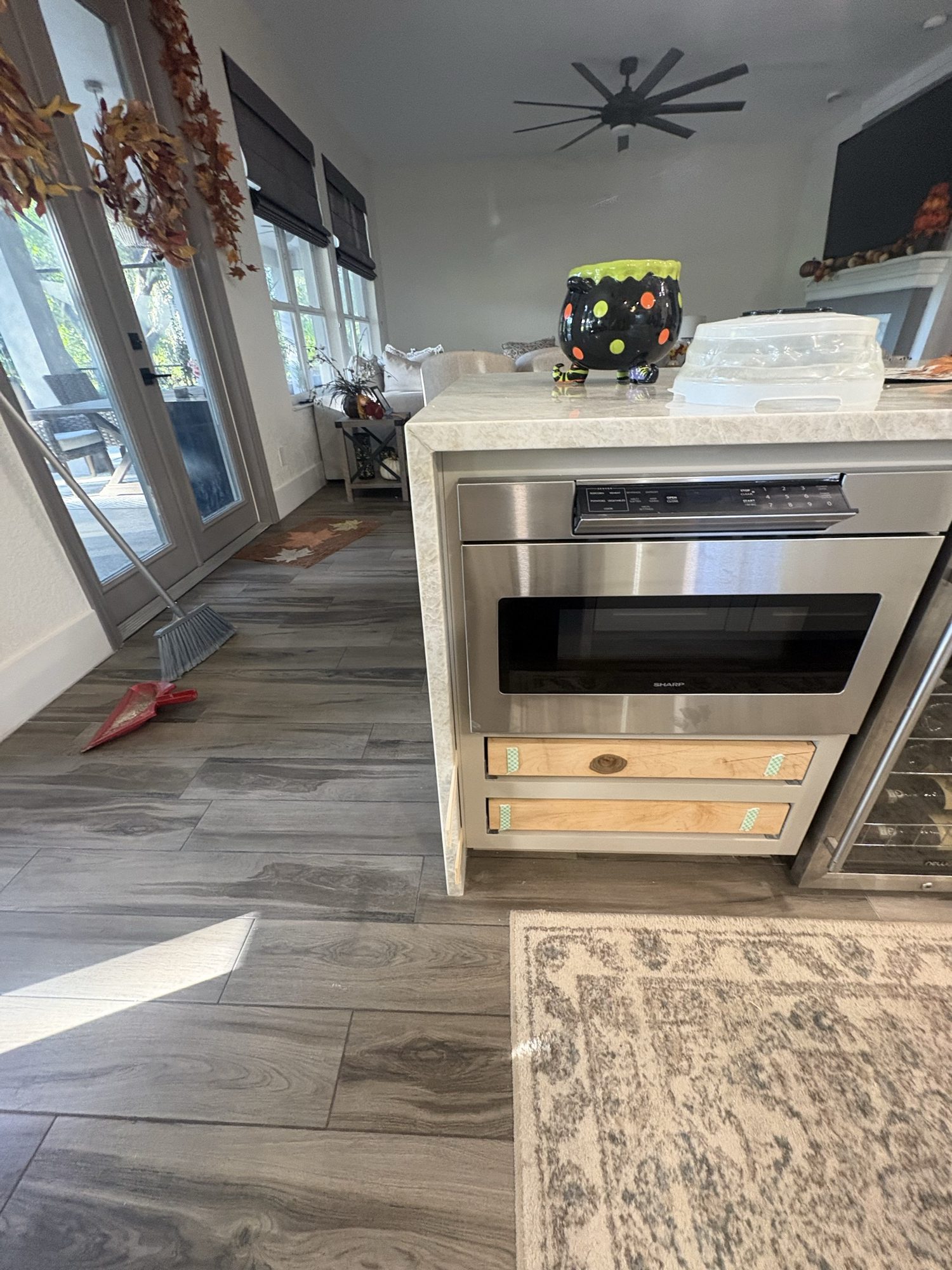New built-in microwave drawer and two drawers in the island